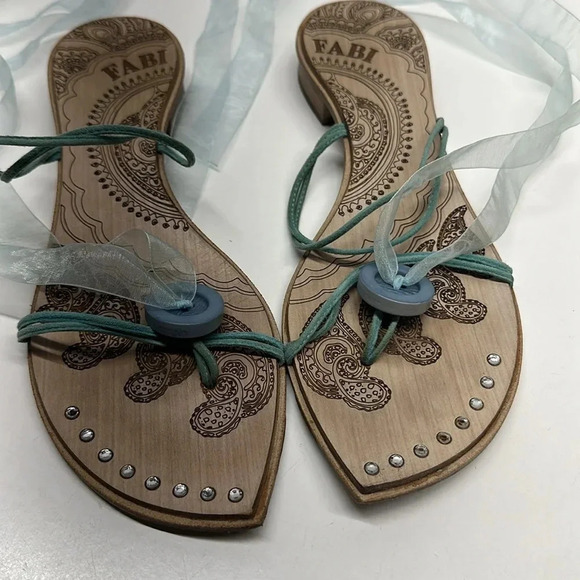 Fabi Sandals Shoes Wooden Low Heel Pointed Toe Jeweled Lace Up Brown Size 38 8 - Picture 4 of 12